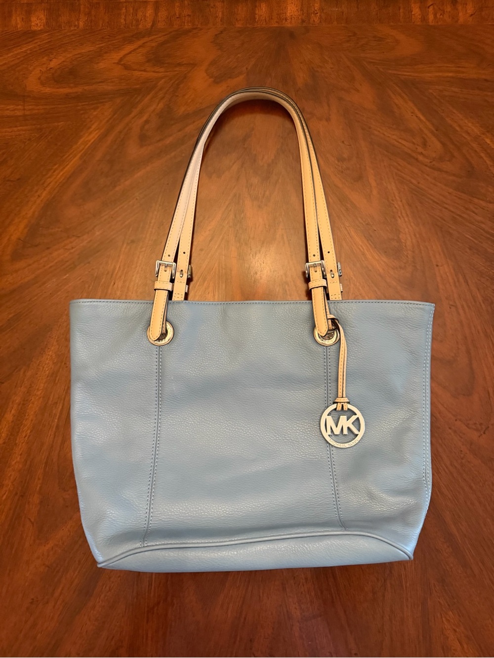 Michael Kors Powder Blue Leather Jet Set Tote with Beige Straps